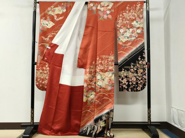 平和屋着物●豪華振袖 駒刺繍 飛鶴地紙草花文 暈し染め 金彩 正絹 逸品 CABG0601yc