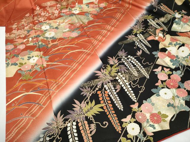 平和屋着物●豪華振袖 駒刺繍 飛鶴地紙草花文 暈し染め 金彩 正絹 逸品 CABG0601yc