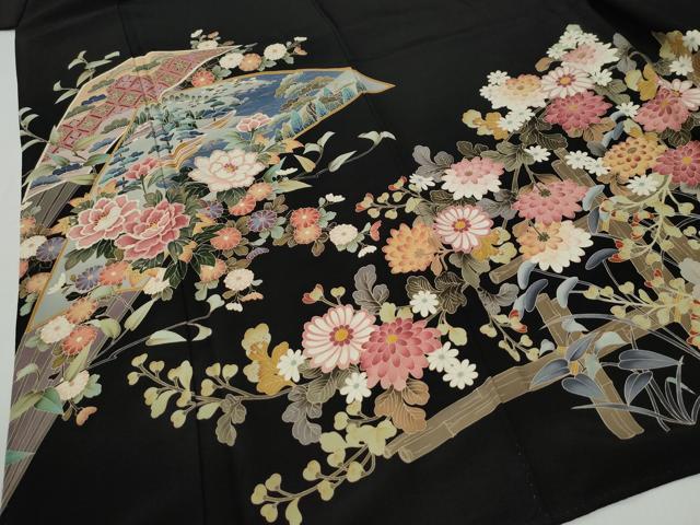 平和屋着物●豪華黒留袖 友禅 作家物 竹垣草花文 正絹 逸品 CABG0609yc