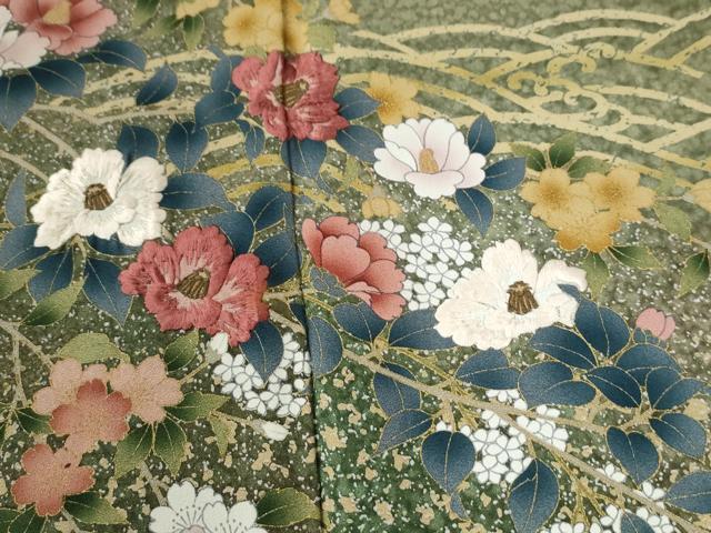 平和屋着物●訪問着 刺繍 立波椿花文 暈し染め 金彩 正絹 逸品 CABG0631yc
