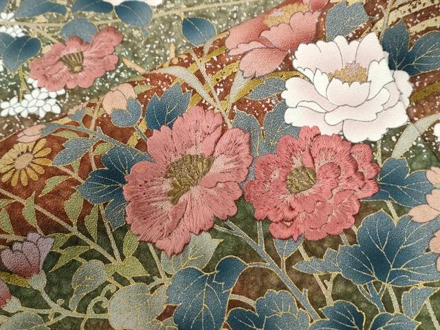 平和屋着物●訪問着 刺繍 立波椿花文 暈し染め 金彩 正絹 逸品 CABG0631yc