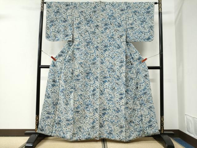 平和屋着物●上質な小紋 藍 型染め 竜田川松竹梅風景文 鬼しぼ縮緬 正絹 逸品 未使用 CABG0633yc
