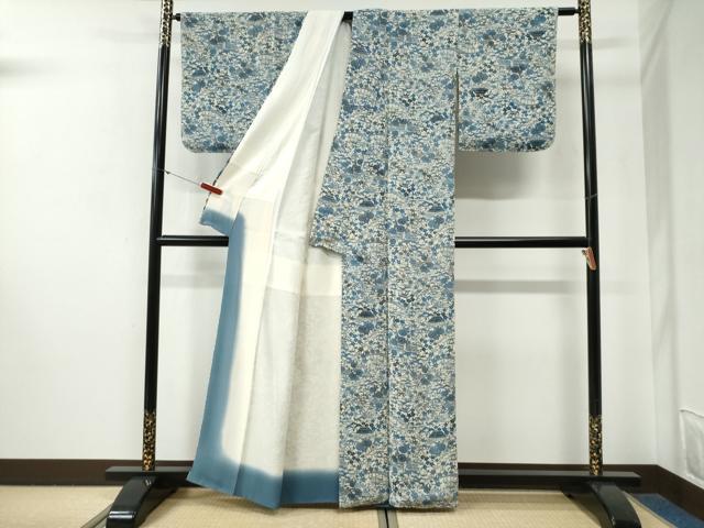 平和屋着物●上質な小紋 藍 型染め 竜田川松竹梅風景文 鬼しぼ縮緬 正絹 逸品 未使用 CABG0633yc
