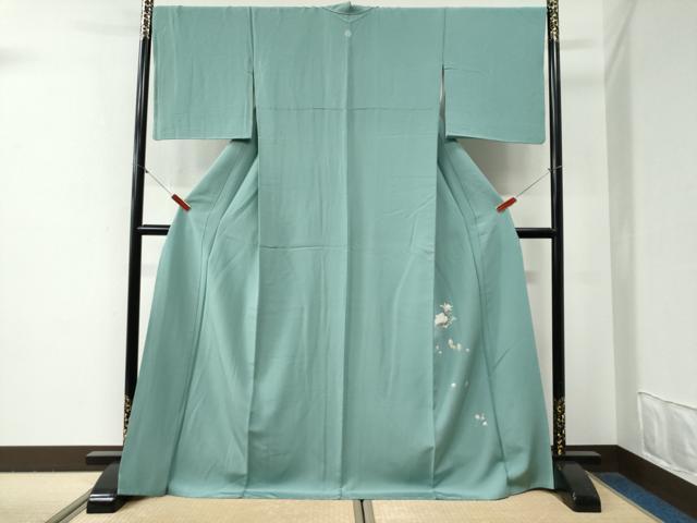 平和屋着物●上質な色無地 ワンポイント 枝花文 青磁色 ロング丈 正絹 逸品 CABG0635yc