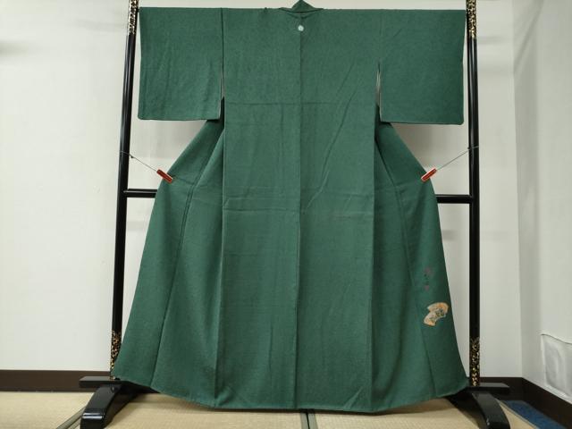 平和屋着物●螺鈿作家 甲斐泰造監修 色無地 更紗花唐草地紋 萌葱色 正絹 逸品 CABG0640yc