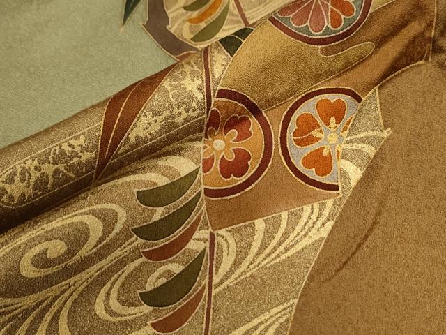 平和屋着物●訪問着 作家物 駒刺繍 流水地紙枝花文 金彩 正絹 逸品 CABG0648yc