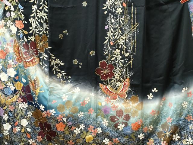 平和屋着物●豪華振袖 蝶 桜 黒地 金彩 正絹 逸品 CABG0650yc