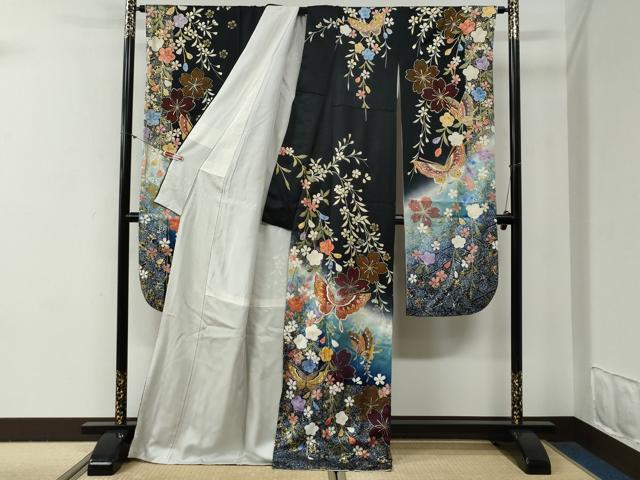 平和屋着物●豪華振袖 蝶 桜 黒地 金彩 正絹 逸品 CABG0650yc