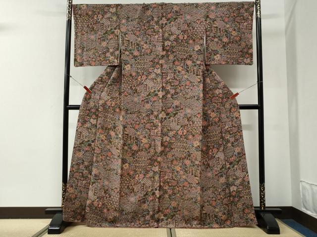 平和屋着物●上質な小紋 更紗吉祥花文 鬼しぼ縮緬 正絹 逸品 CABG0665yc