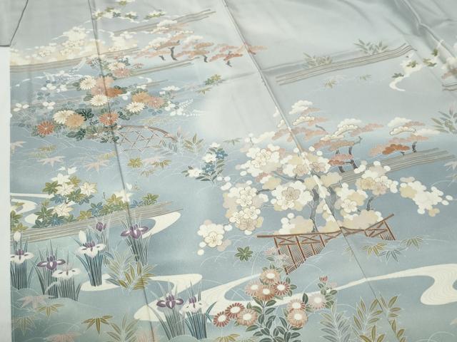 平和屋着物●高級染元 粋峰 林芳夫 京加賀友禅 訪問着 籬松竹梅草花文 暈し染め 金彩 正絹 逸品 未使用 CABG0680yc