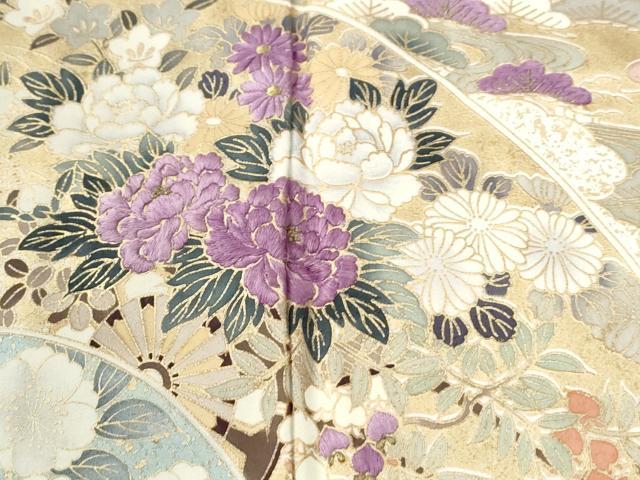 平和屋着物●西陣 京の名門 じゅらく謹製 帝王紫 訪問着 刺繍 地紙草花文 暈し染め 金彩 正絹 逸品 CABG0688yc