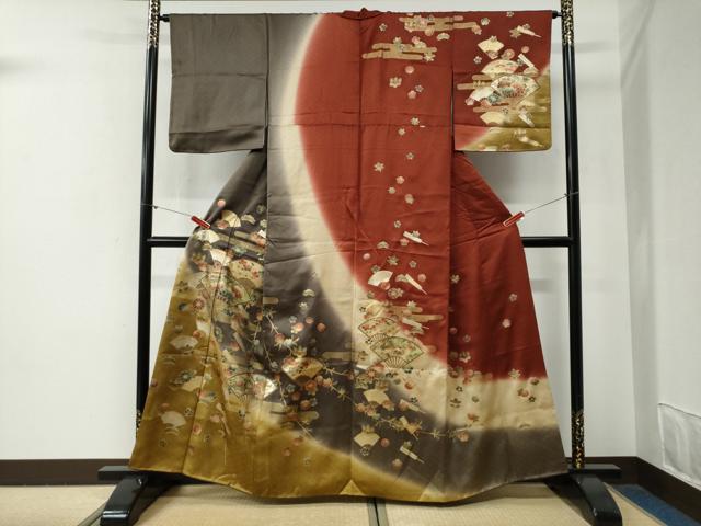平和屋着物●訪問着 エ霞扇面枝花文 暈し染め 金彩 正絹 逸品 CABG0694yc