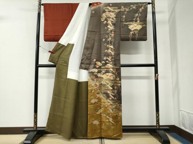 平和屋着物●訪問着 エ霞扇面枝花文 暈し染め 金彩 正絹 逸品 CABG0694yc