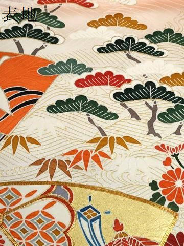 平和屋着物●豪華振袖 駒刺繍 立波扇面鳳凰松竹梅花文 暈し染め 金彩 正絹 逸品 CABG0717yc