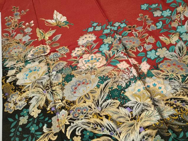 平和屋着物●豪華振袖 駒刺繍 更紗花蝶文 金通し地 正絹 逸品 CABG0724yc