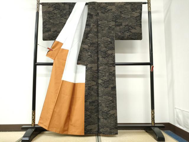 平和屋着物●結城紬 100亀甲 雲取り浜松草木文 黒地 正絹 逸品 CABG0747yc