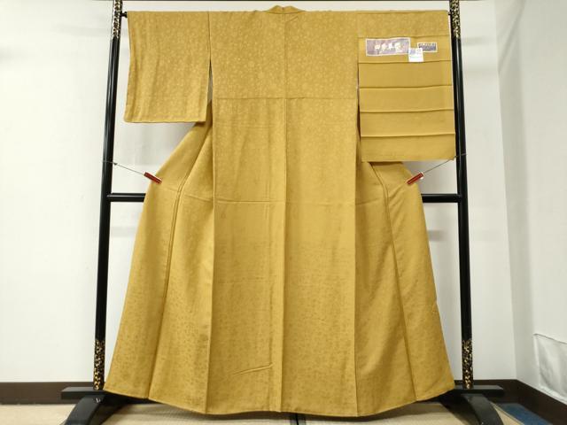 平和屋着物●上質な色無地 四季草姿 更紗花唐草地紋 櫨染色 反端付き 正絹 逸品 未使用 CABG0783yc