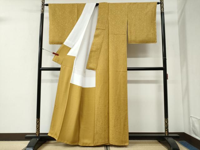 平和屋着物●上質な色無地 四季草姿 更紗花唐草地紋 櫨染色 反端付き 正絹 逸品 未使用 CABG0783yc