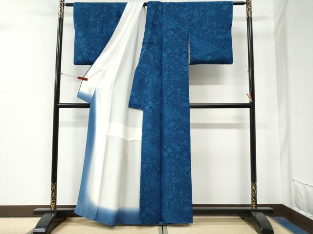平和屋着物●上質な小紋 藍 型染め 更紗孔雀花唐草文 鬼しぼ縮緬 正絹 逸品 CABG0817yc