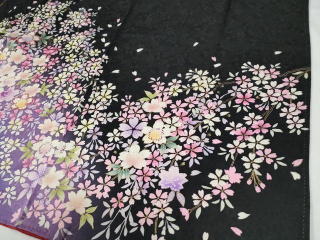 平和屋着物●豪華振袖 駒刺繍 舞桜文 暈し染め 黒地 金彩 正絹 逸品 CABG0825yc