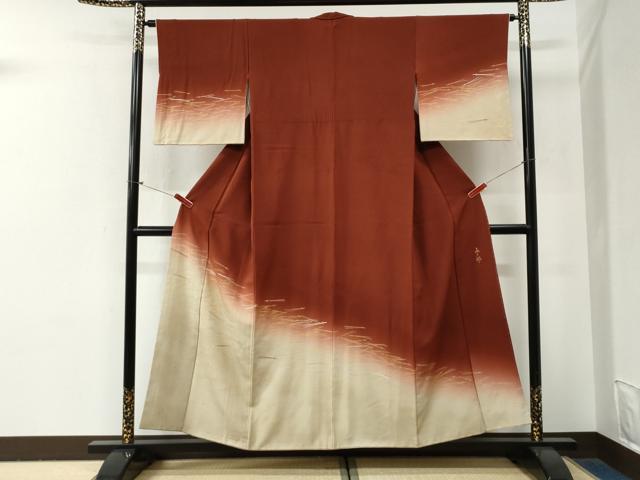 平和屋着物●人間国宝 福田喜三郎 訪問着 刺繍 溢れ松葉 暈し染め 金彩 正絹 逸品 CABG0830yc