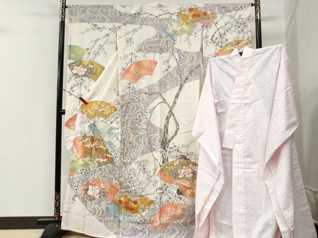 平和屋着物●豪華振袖・長襦袢セット 駒刺繍 地紙流水花文 金彩 正絹 逸品 CABG0832yc
