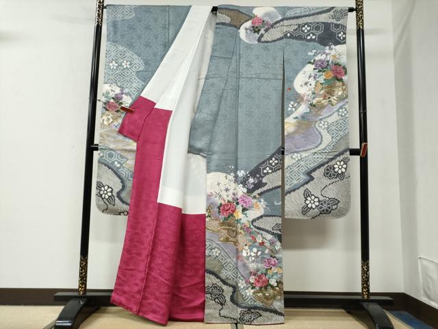 平和屋着物●豪華振袖・長襦袢セット 絞り 刺繍 唐子牡丹花車文 暈し染め 金彩 正絹 逸品 未使用 CABG0835yc