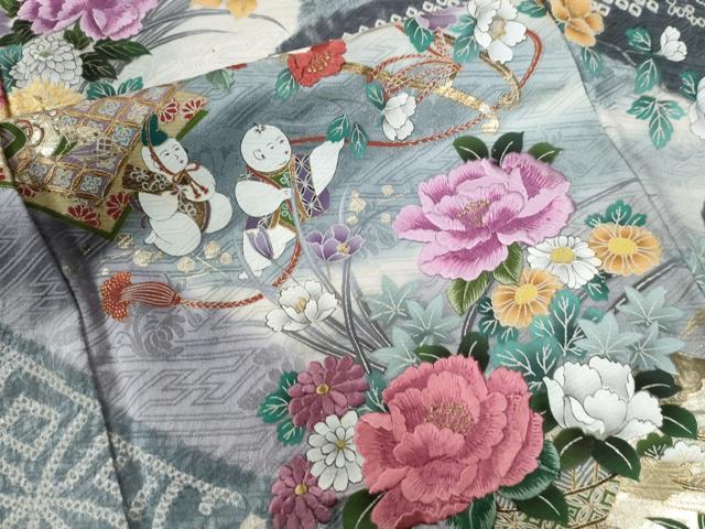 平和屋着物●豪華振袖・長襦袢セット 絞り 刺繍 唐子牡丹花車文 暈し染め 金彩 正絹 逸品 未使用 CABG0835yc