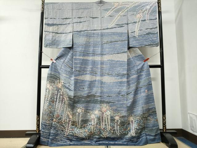 平和屋着物●越後十日町の一流染匠 桐屋・翠山工房 訪問着 辻が花 絞り 暈し染め 銀通し地 ロング丈 正絹 逸品 未使用 CABG0856yc