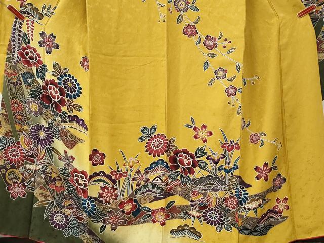 平和屋着物●豪華振袖 型染め 鬘帯松竹梅鴛鴦花文 暈し染め 京都きもの友禅扱い 正絹 逸品 CABG0858yc