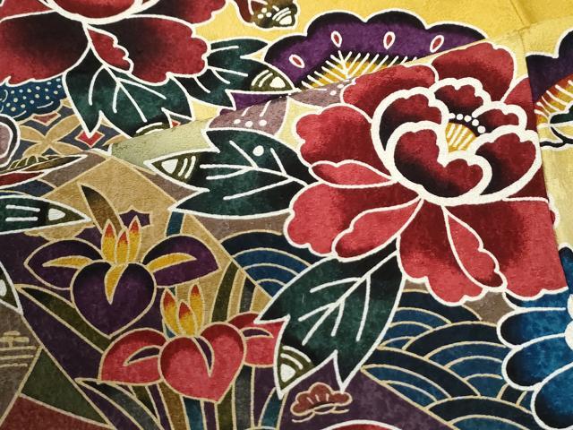 平和屋着物●豪華振袖 型染め 鬘帯松竹梅鴛鴦花文 暈し染め 京都きもの友禅扱い 正絹 逸品 CABG0858yc
