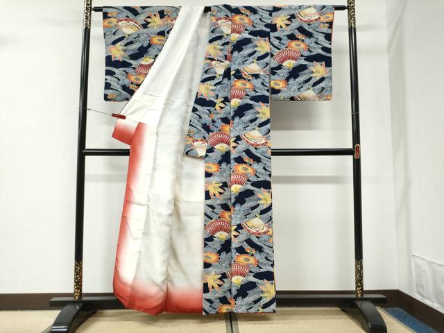 平和屋着物●上質な小紋 型染め 竜田川檜扇花文 鬼しぼ縮緬 正絹 逸品 CABG0870yc