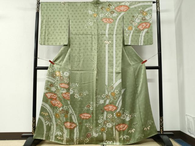 平和屋着物●訪問着 駒刺繍 地紙笹花文 金彩 正絹 逸品 CABG0871yc