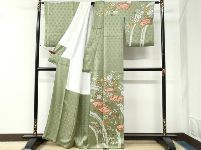 平和屋着物●訪問着 駒刺繍 地紙笹花文 金彩 正絹 逸品 CABG0871yc