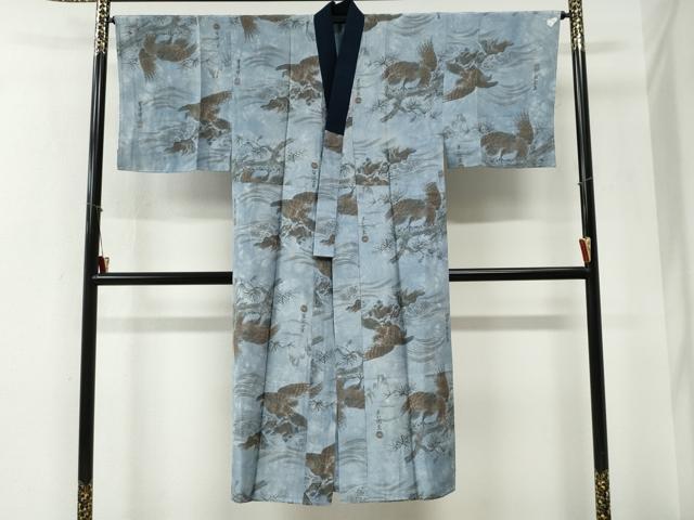平和屋着物●男性 長襦袢 袷 手描き 鷹 さが美扱い 正絹 逸品 未使用 CABG0878yc