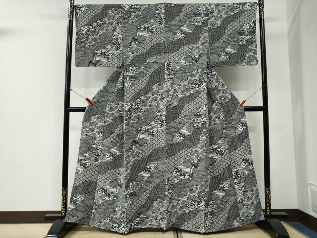平和屋着物●上質な小紋 型染め 立波吉祥風景文 正絹 逸品 CABG0890yc