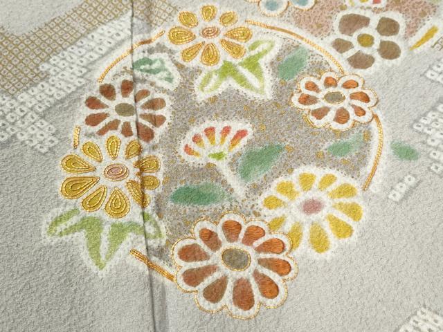 平和屋着物●訪問着 駒刺繍 絞り 松皮菱草花文 金彩 正絹 逸品 CABG0891yc