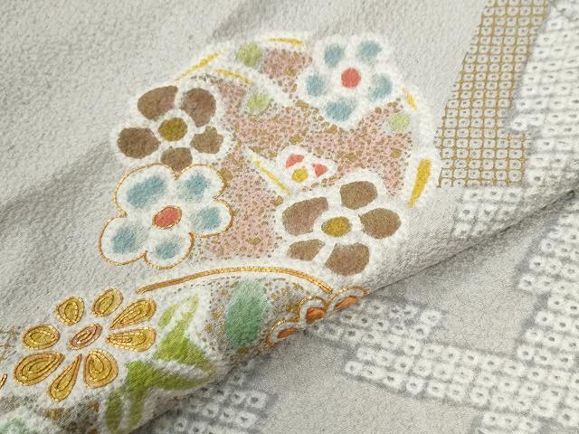 平和屋着物●訪問着 駒刺繍 絞り 松皮菱草花文 金彩 正絹 逸品 CABG0891yc