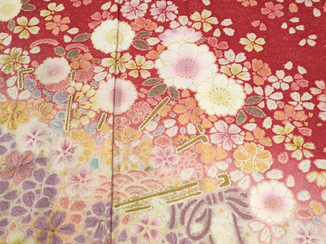 平和屋着物●豪華振袖 絞り 舞花文 暈し染め 金通し地 正絹 逸品 CABG0898yc