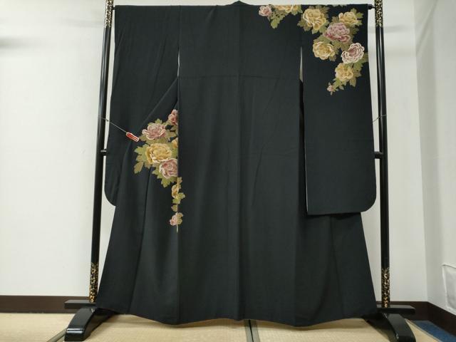 平和屋着物●こむさでもーど・COMME CA DU MODE 振袖 牡丹 黒地 正絹 逸品 CABG0901yc