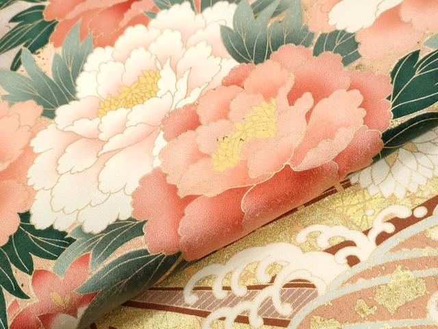 平和屋着物●豪華振袖 立波牡丹花文 暈し染め 金彩 正絹 逸品 CABG0911yc