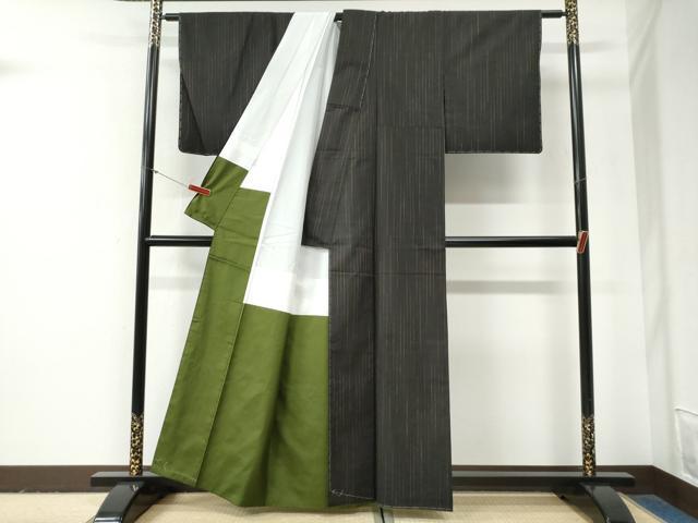 平和屋着物●上質な紬 縞 黒地 正絹 逸品 未使用 CABG0917yc