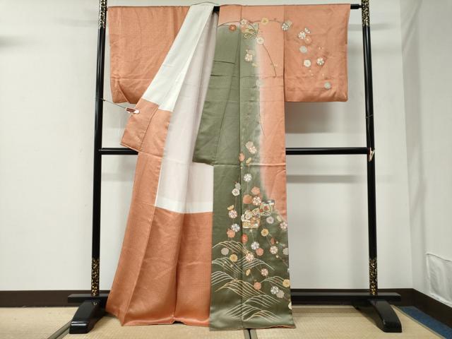 平和屋着物●訪問着 立波花蝶唐草文 暈し染め 金彩 正絹 逸品 CABG0964yc