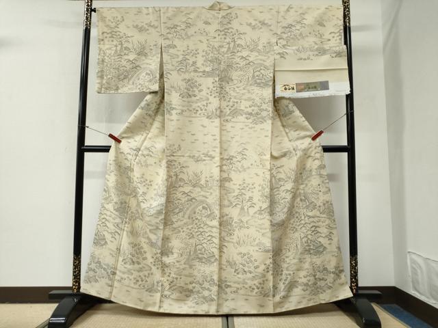 平和屋着物●白山紬 訪問着 流水渡り橋松竹梅風景文 証紙付き 正絹 逸品 CABG0966yc