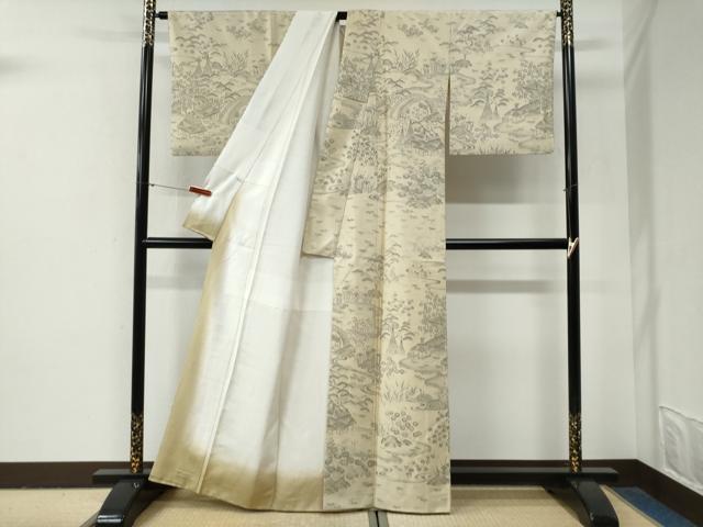 平和屋着物●白山紬 訪問着 流水渡り橋松竹梅風景文 証紙付き 正絹 逸品 CABG0966yc