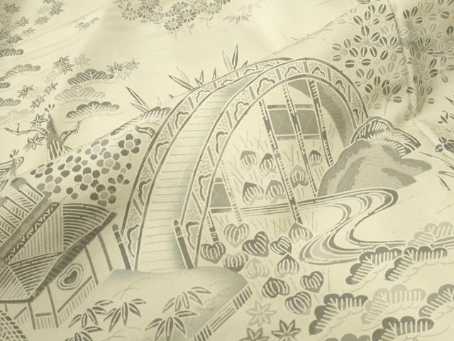 平和屋着物●白山紬 訪問着 流水渡り橋松竹梅風景文 証紙付き 正絹 逸品 CABG0966yc