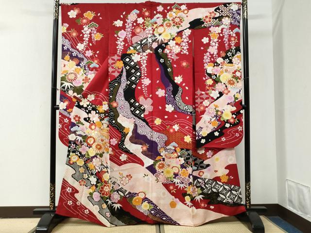 平和屋着物●豪華振袖 駒刺繍 貝桶松竹梅花文 金通し地 正絹 逸品 CABG0978yc