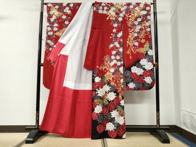 平和屋着物●豪華振袖 駒刺繍 薔薇 花蝶文 暈し染め 銀通し地 正絹 逸品 CABG0979yc