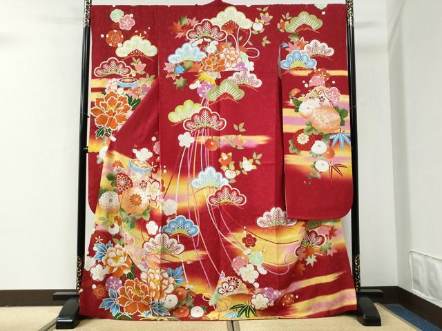 平和屋着物●豪華振袖 駒刺繍 貝桶檜扇松竹梅花文 暈し染め 銀通し地 正絹 逸品 CABG0985yc