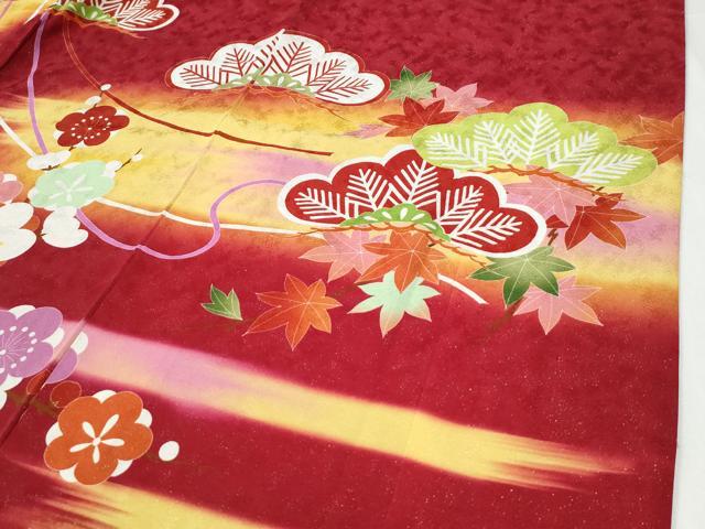 平和屋着物●豪華振袖 駒刺繍 貝桶檜扇松竹梅花文 暈し染め 銀通し地 正絹 逸品 CABG0985yc